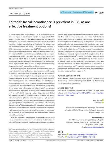 Editorial Faecal Incontinence Is Prevalent In IBS As Are Effective Treatment Options