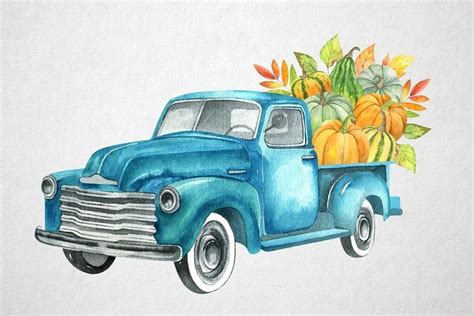 Watercolor Retro Truck With Pumpkin Vegetables And Autumn Fall Etsy