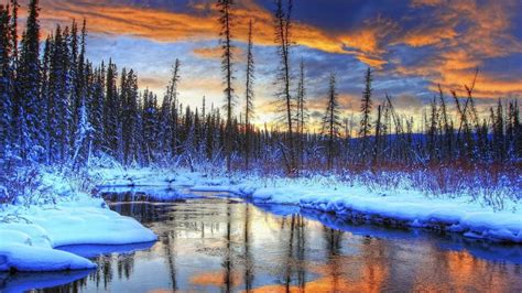 Winter Snow Trees River Creek Forest Mountains Wallpaper Nature