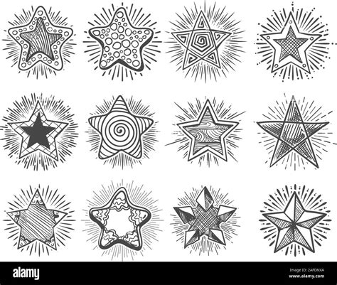 Set Of Hand Drawn Vector Stars In Doodle Style On White Background