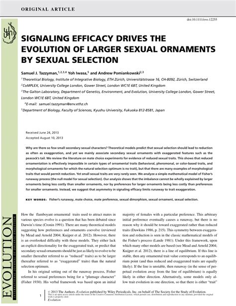 Pdf Signaling Efficacy Drives The Evolution Of Larger Sexual Ornaments By Sexual Selection