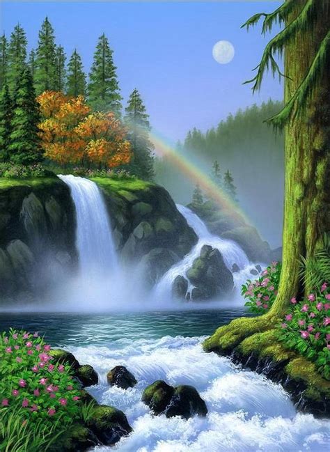 Waterfall And Rainbow Scene Diamond Painting Waterfall Art Nature