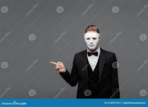 Elegant Businessman In Face Mask Pointing Stock Photo Image Of