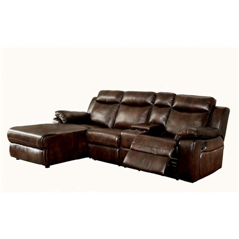 Leatherette Reclining Sectional Sofa With Chaise And Console Brown