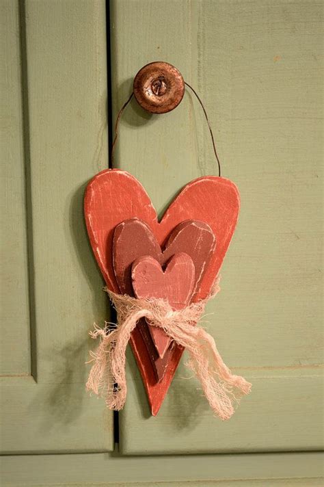 Primitive Stacked Hanging Hearts Valentine Crafts Valentine Wood
