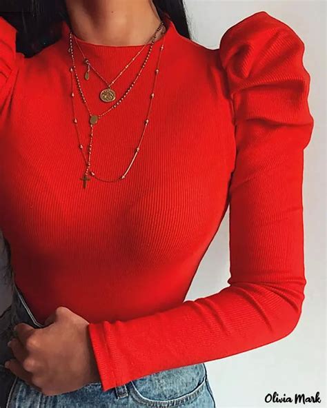 Olivia Mark Plain Ribbed Bodysuit With Puff Sleeves In 2023 Blouse Casual Fashion Women
