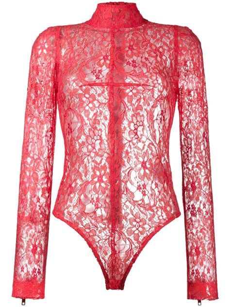 givenchy lace long sleeve turtleneck bodysuit in red modesens
