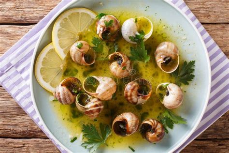 Spicy French Snails Escargot Cooked With Butter Parsley Lemon Stock