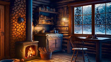 Cozy Cabin With Crackling Fireplace Snow Falling Outside ️ Relaxing