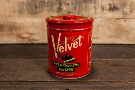 Vintage Velvet Tobacco Tin Can White Red Man Cave Cigarette Tin Can