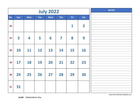 July Calendar 2022 Grid Lines For Holidays And Notes Horizontal