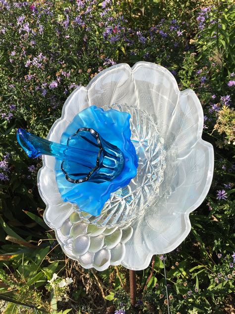 Glass Flowers Yard Art Sun Catcher Garden Decor Upcycled Etsy Glass