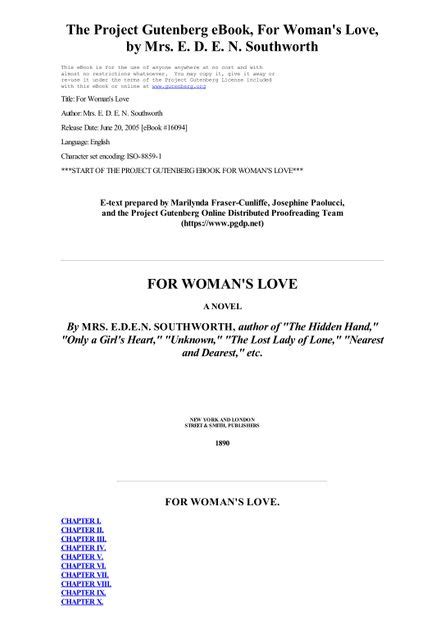 For Womans Love By Mrs E D E N Southworth Pdf