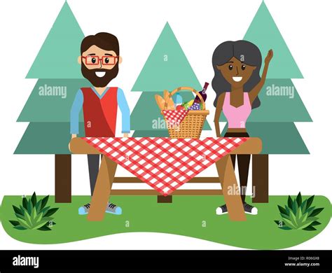 Young Couple Having Picnic On Park Cartoon Scenery Vector Illustration
