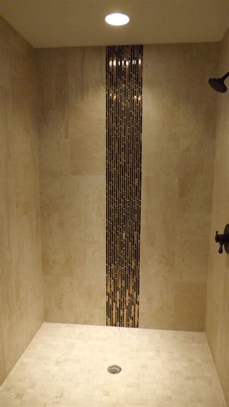 Shower Stall With Vertical Accent Iris Porcelain Field Tile Copper