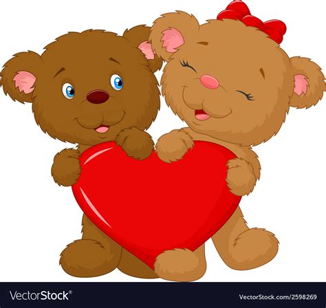 Bear Couple Cartoon Holding Red Heart Shape Vector Image