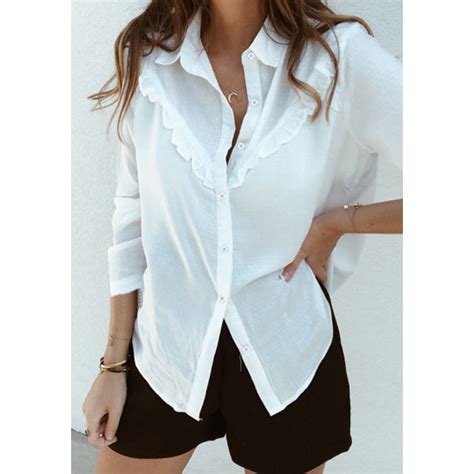 Women Spring Long Sleeve Ruffles White Shirt Blouse Ladies Casual Plain
