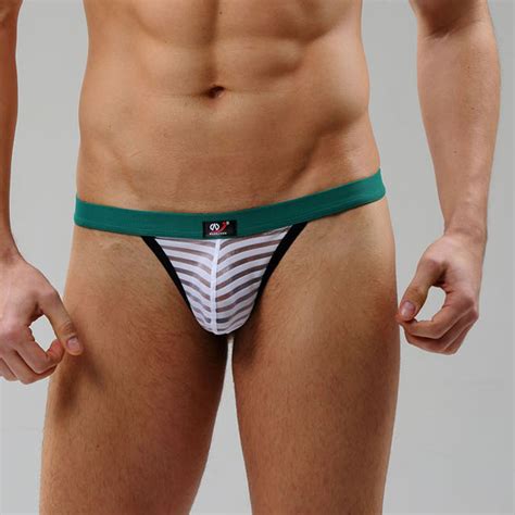 Sexy See Through T Back Thongs Mens Low Rise Striped