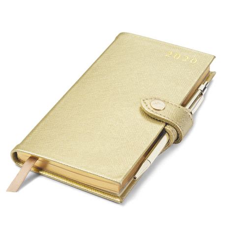 2020 Gold Saffiano Slim Pocket Leather Diary And Pen Aspinal