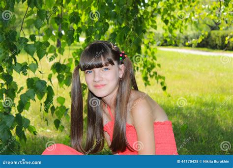 Glimlachend Meisje 11 Jaar Op Het Gebied Onder De Berk Stock Foto