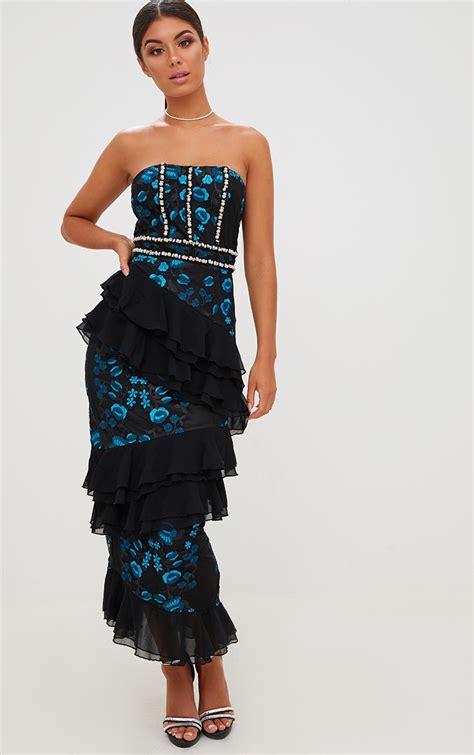 Premium Black Embroidered Ruffle Detail Midaxi Bandeau Dress