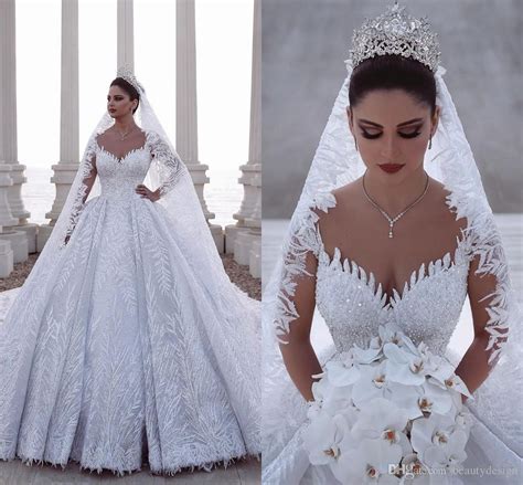 2022 Luxurious Pearls Arabic Ball Gown With Long Sleeves Wedding Dress