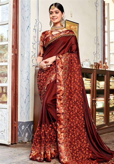 Wine Satin Festival Wear Saree 161630 Designer Silk Sarees Saree Designs Party Wear Sarees