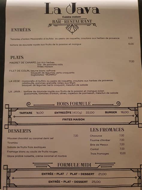 Menu At La Java Restaurant Pantin