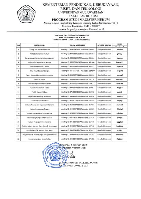 Jadwal Kuliah Prodi Magister Ilmu Hukum Semester Genap Ta 20212022