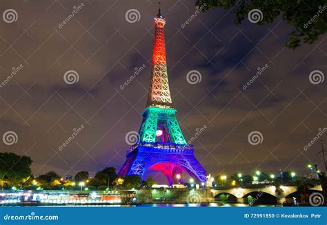 The Eiffel Tower Lit Up With Rainbow Colors Paris France Editorial