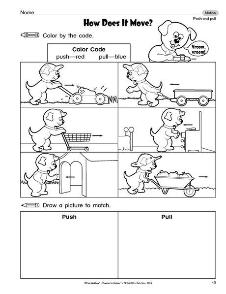 Olivia used her hands to push the basketball towards the hoop. worksheet how does it move | Kindergarten science, Science worksheets, First grade science