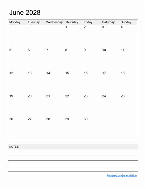 Free Printable Monthly Calendar For June 2028