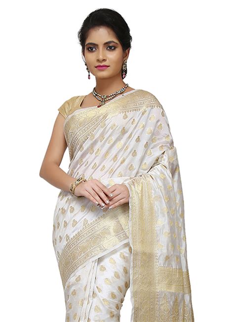 Buy White Pure Silk Saree Zari Sari Online Shopping Savnsss27