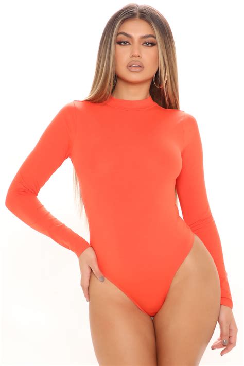 Melanie Mock Neck Bodysuit Orange Fashion Nova Basic Tops