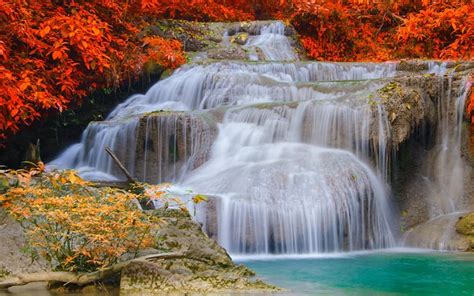 Herunterladen Erawan Wasserfälle 5k Herbst Forst Waterfall Erawan