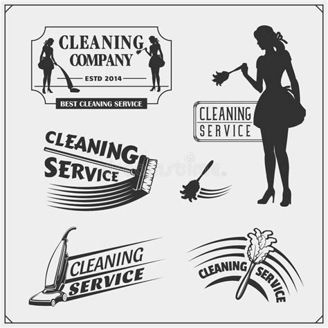 Set Of Cleaning Service Emblems With Beautiful Young Maid Clining