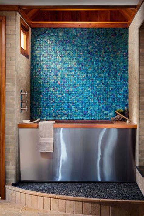 Stylish bathroom with blue color tiles 40 blue glass mosaic bathroom tiles tile ideas and pictures