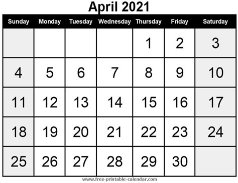 The month of april , the fourth month of the gregorian calendar has 30 days. Blank Calendar April 2021 - Free-printable-calendar.com