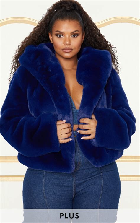 Plus Blue Faux Fur Cropped Jacket Plus Size Prettylittlething