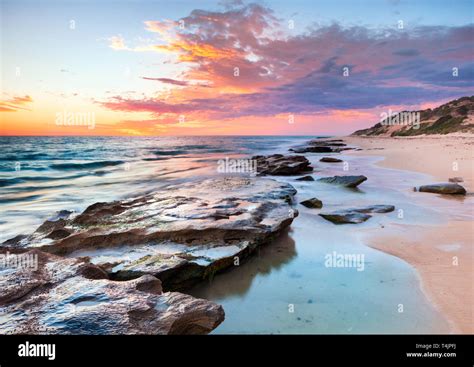 Limestone Coastline And Rock Pools At Burns Beach At Sunset Perth Wa