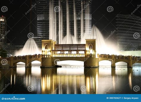 Dubai Fountain Bridge Near Burj Khalifa At Night Dancing Fountain