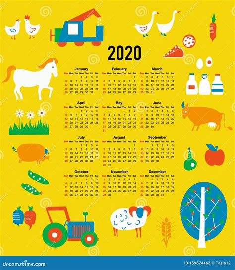 Calendar 2020 For Agriculture And Farmers Vector Illustration Stock