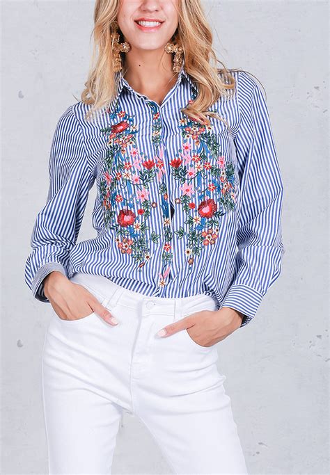 Women Floral Embroidered Shirts Long Sleeve Striped Blouse Tops Casual