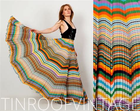 Vintage 70s Rainbow Gauze Maxi Skirt S Pleated Full Sweep Etsy Maxi
