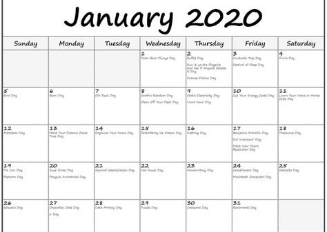 Free January 2020 Calendar With Holidays Printable Templates