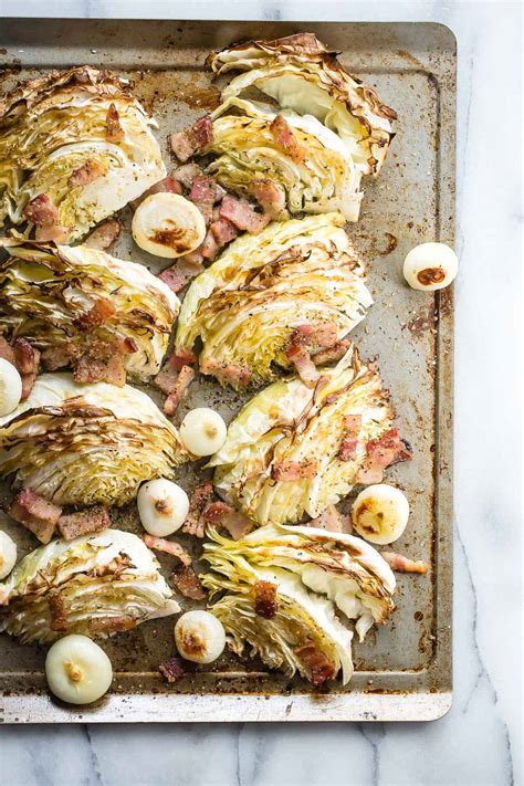 Roasted Cabbage with Bacon and Cippolini Onions - Foodness Gracious