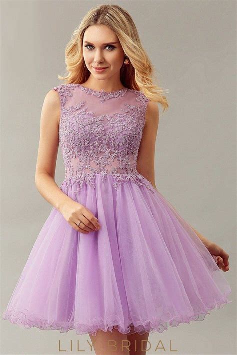 Lilac Tulle Lace Sleeveless A Line Sleeveless Cocktail Dress Short