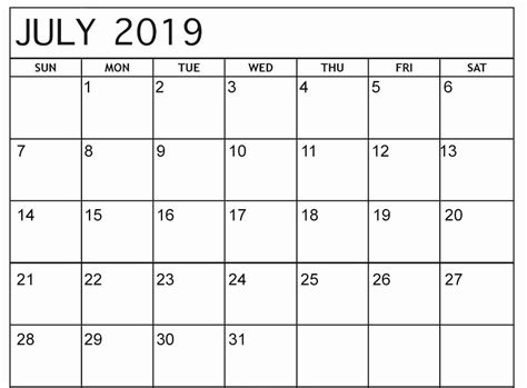 Blank July 2019 Calendar Printable Template Holidays Calendar