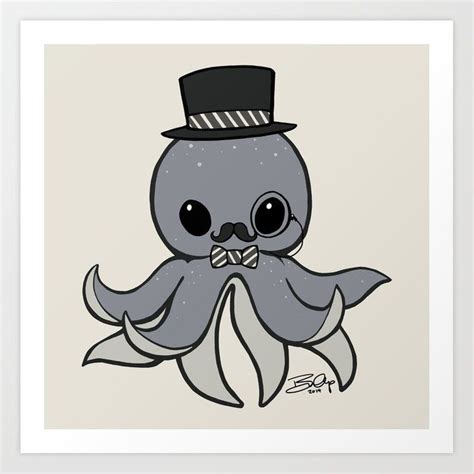 Whimsical Artprint Of An Octopus With Mustache And Wearing A Hat Cute