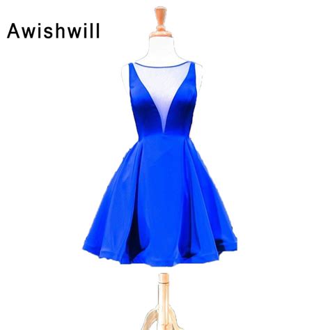 sexy deep v neck open back satin royal blue party homecoming dress sleeveless a line short